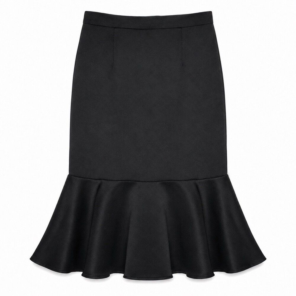 PRETENSE Vintage Skirt Women's Medium Black Satin Trumpet Ruffle Hem Midi Party